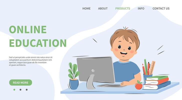 Online education, home school concept. Little boy studying on computer. Vector illustration