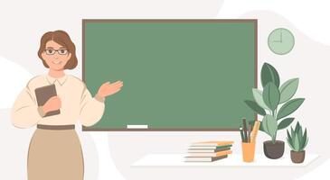 Female teacher in classroom. Woman teacher standing by blackboard in the classroom. Concept of education and training. Vector illustration