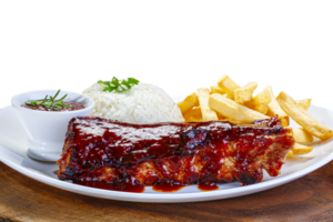 Pork ribs with barbecue sauce, french fries and rice png