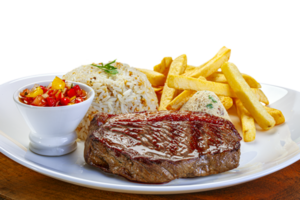 picanha bife, francés papas fritas, arroz y Vinagreta png