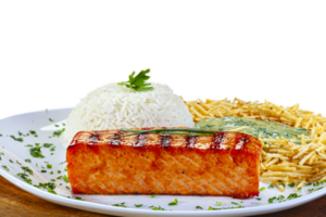 grelhado salmão com arroz e Palha batatas png