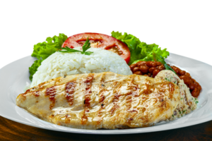 Rice beans grilled chicken steak salad, farofa png