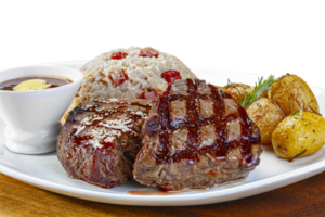 grilled steak with potatoes, rice and BBQ sauce png