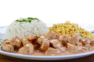 Chicken stroganoff with straw potatoes and rice png