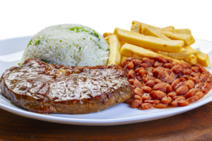 Grilled steak meat, rice, beans and french fries png