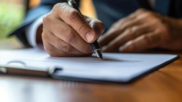 AI generated Moment of businessman signing business contract captured in detail photo