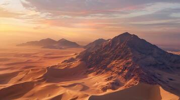 AI generated Golden hour in Riyadh desert with mountain peaks photo