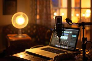 AI generated Close Up of Home Studio Podcasting Gear and Setup photo