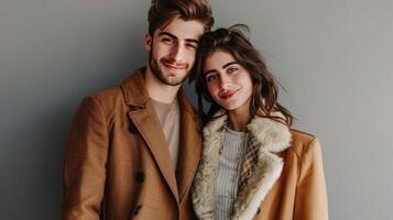 ai generado elegante gen z Pareja modelado en de buen tono y elegante trajes profesional Moda concepto foto