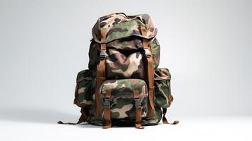 AI generated Camouflage Tactical Backpack Bag isolated on white background with copy space for advertisement. AI Generated photo