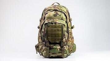 AI generated Camouflage Tactical Backpack Bag isolated on white background with copy space for advertisement. AI Generated photo