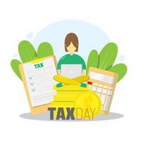 Tax Day poster with a woman is reporting taxes via laptop vector