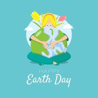 Happy Earth Day poster with a girl was sitting while hugging the earth vector