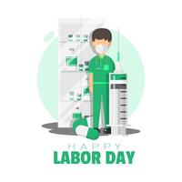 Happy Labor Day poster with a doctor and medical equipment vector