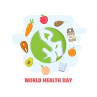 mundo salud día póster con varios tipos de sano comida alrededor el tierra vector