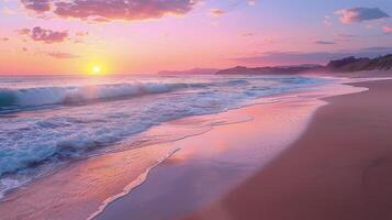 ai generado playa a puesta de sol con olas foto