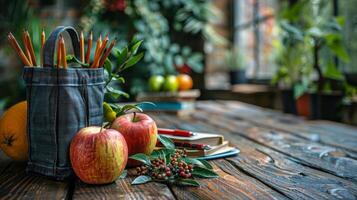 ai generado dos manzanas en de madera mesa foto