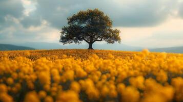 ai generado solitario árbol en campo de amarillo flores foto