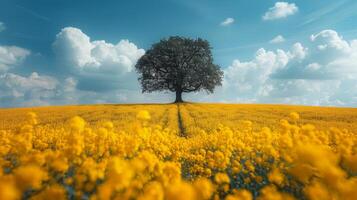 ai generado solitario árbol en campo de amarillo flores foto