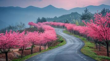 ai generado un pintura de un la carretera con rosado flores foto