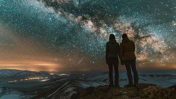 ai generado dos personas en pie en parte superior de un montaña mirando a el estrellas foto