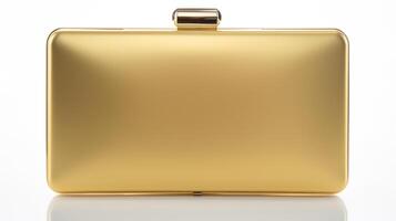 AI generated Gold Hardcase Clutch Bag isolated on white background with copy space for advertisement. AI Generated photo