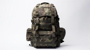 AI generated Camouflage Tactical Backpack Bag isolated on white background with copy space for advertisement. AI Generated photo