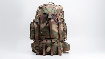 AI generated Camouflage Tactical Backpack Bag isolated on white background with copy space for advertisement. AI Generated photo