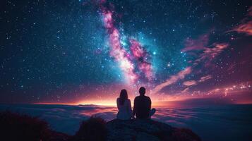 AI generated Two People Standing on Top of a Mountain Looking at the Stars photo