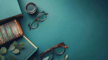 ai generado lentes descansando en mesa junto a apilar de libros foto