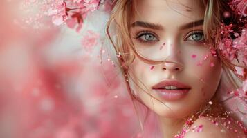 AI generated Woman in Pink Dress Among Pink Flowers photo