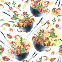 Shrimp with vegetables in ceramic bowls levitating. Watercolor illustration. Seamless pattern on a white background from the SHRIMP collection. For the design and design of menus and recipes vector