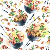 Shrimp with vegetables in ceramic bowls levitating. Watercolor illustration. Seamless pattern on a white background from the SHRIMP collection. For the design and design of menus and recipes vector