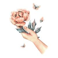 Beautiful peonies in peach fuzz color with leaves and flying butterflies in female hands. Hand drawn watercolor illustration. The composition is isolated from the background. vector