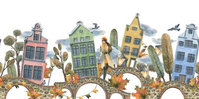 Ancient European houses are colorful, with autumn trees and leaves, with a girl in a raincoat with an umbrella. Hand drawn watercolor illustration. Seamless border is isolated from the background. vector