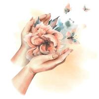 Beautiful peonies in peach fuzz color with leaves and flying butterflies in female hands. Hand drawn watercolor illustration. The composition is isolated from the background. vector