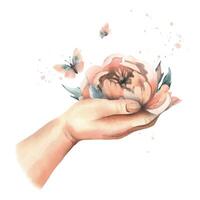 Beautiful peonies in peach fuzz color with leaves and flying butterflies in female hands. Hand drawn watercolor illustration. The composition is isolated from the background. vector