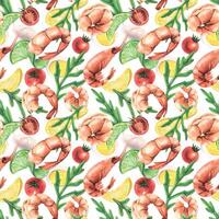 Various boiled shrimp with arugula, lemon, lime, cherry tomatoes, eggs. Watercolor illustration. Seamless pattern on a white background from the Shrimp collection. For the design and design. vector