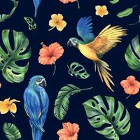 Tropical palm leaves, monstera and flowers of plumeria, hibiscus, bright with blue-yellow macaw parrot. Hand drawn watercolor botanical illustration. Seamless pattern on a dark background. vector