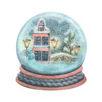 A glass, snow globe with a cute house inside. Watercolor illustration. For decoration and design of New Year, winter, Christmas cards, posters, prints, stickers, logos, souvenirs, compositions. vector