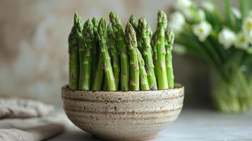 AI generated Bowl of Asparagus on Table photo