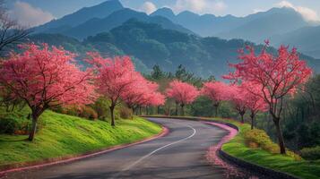 ai generado un pintura de un la carretera con rosado flores foto