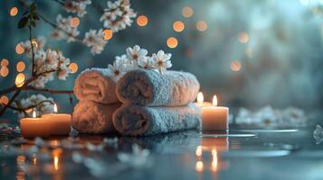 AI generated Stack of Towels Next to Lit Candle photo