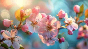 ai generado rosado flores cerca arriba en árbol foto