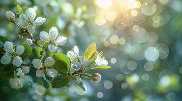 AI generated Branch With White Flowers and Green Leaves photo