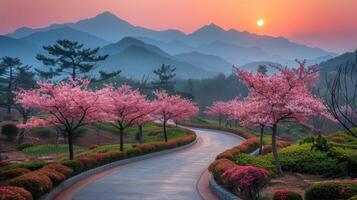 ai generado un pintura de un la carretera con rosado flores foto