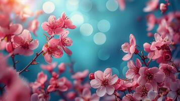 ai generado rosado flores cerca arriba en árbol foto