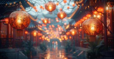 AI generated Red Lanterns Hanging From Side of Building photo