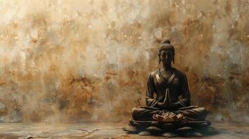 ai generado Buda estatua sentado en frente de pared foto