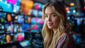 ai generado joven mujer sentado en frente de pared de televisión pantallas foto